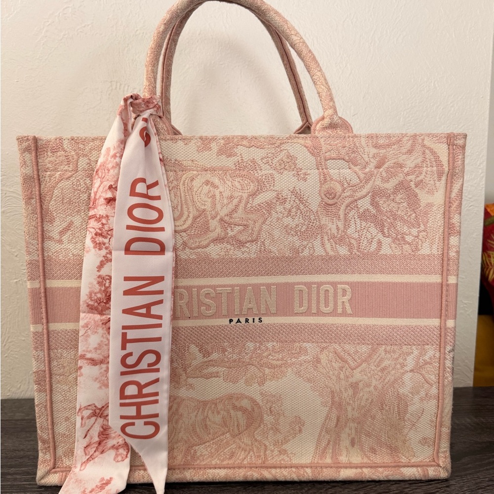 Dior Pink & Cream Toile de Jouy Tote with Scarf Accent